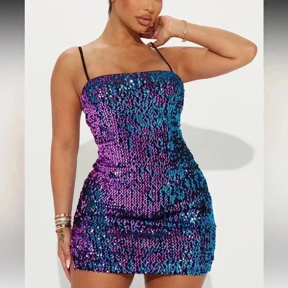 NWT! Small SHOWGIRL Bright Light Sequin Mini Dress Purple Combo - Picture 4 of 6